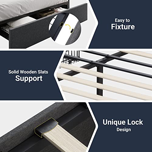 Queen Size Fabric Upholstered Platform Bed Frame with 3 Storage Drawers Y387
