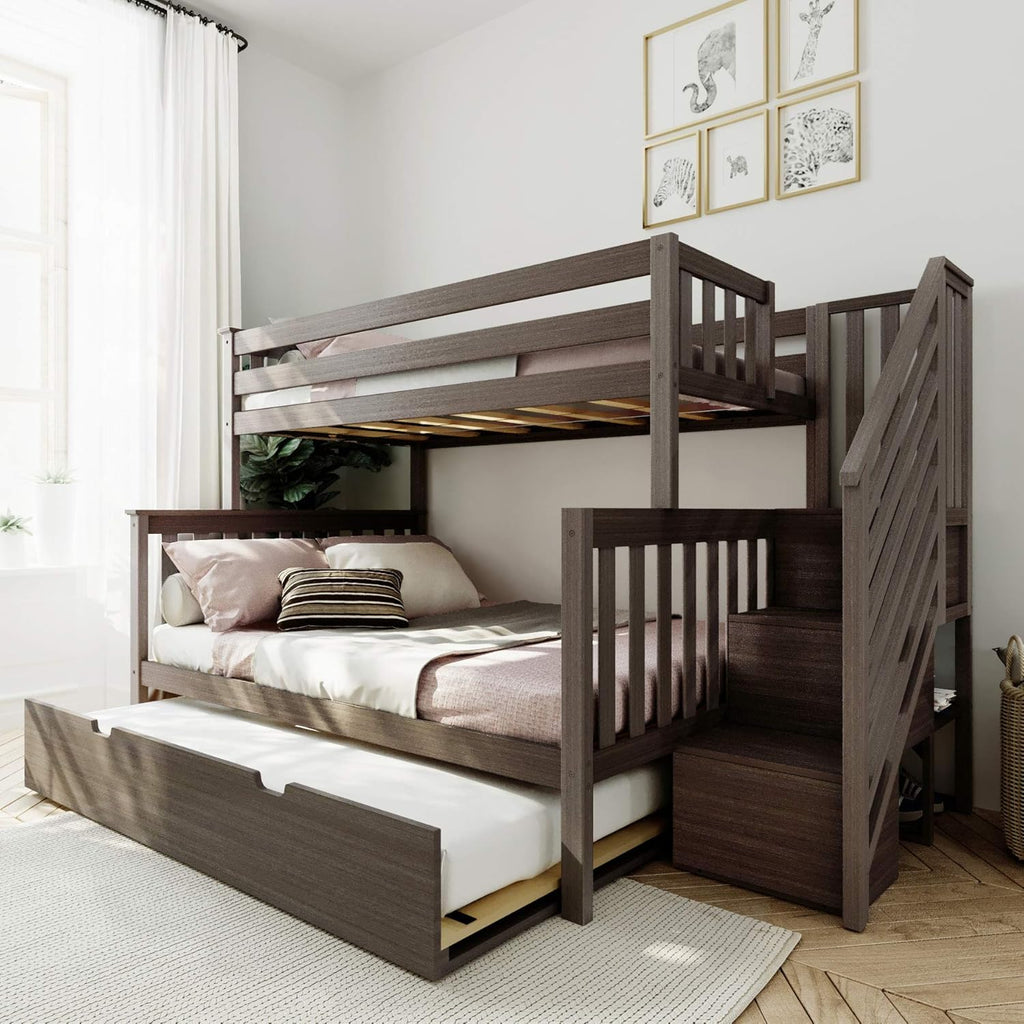 White Twin Bunk Bed with Staircase and Trundle F91005