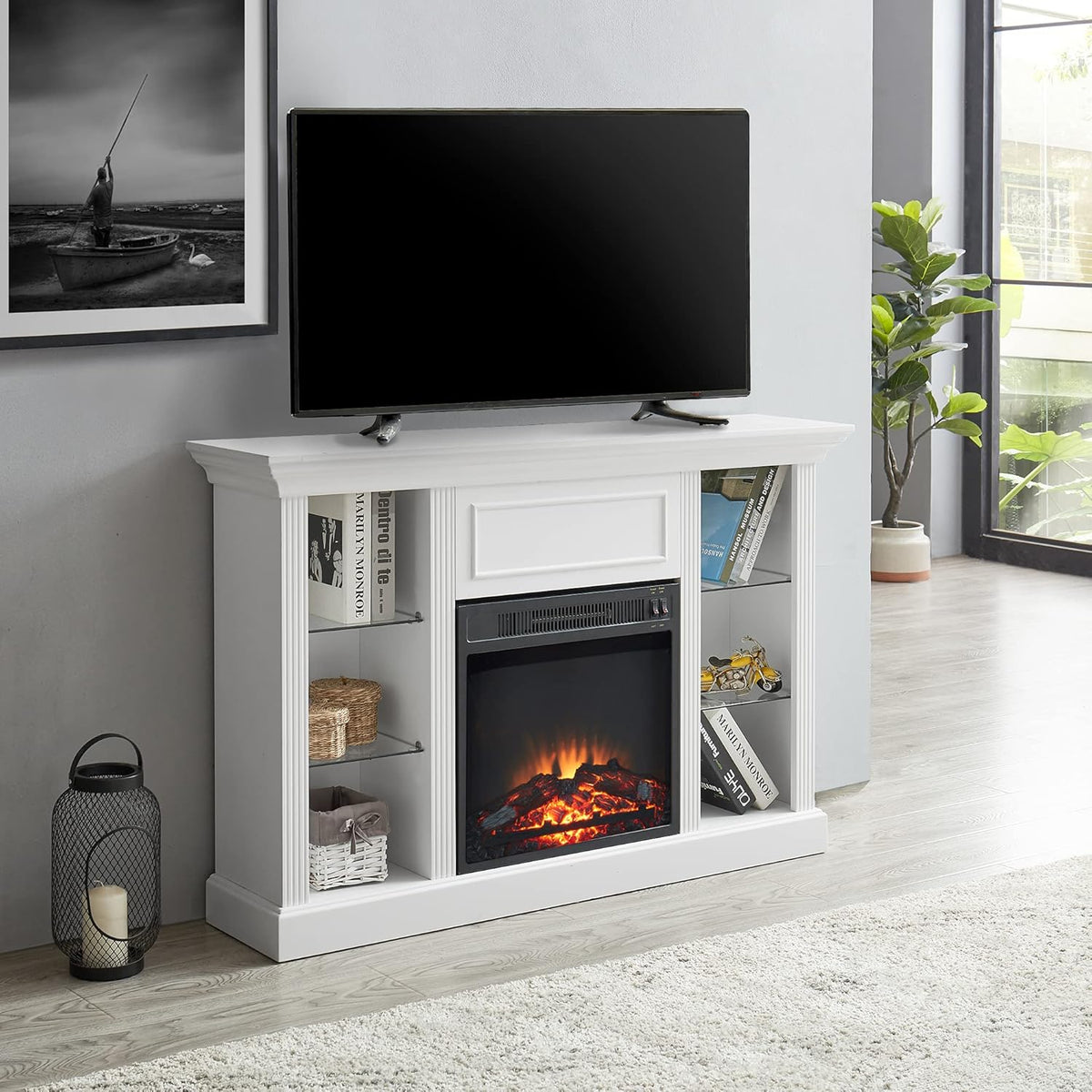White Electric Fireplace TV Stand with Tempered Glass Shelves Q8789