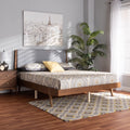 Grey Fabric Upholstered Walnut Brown Wood Full Size Platform Bed O62532
