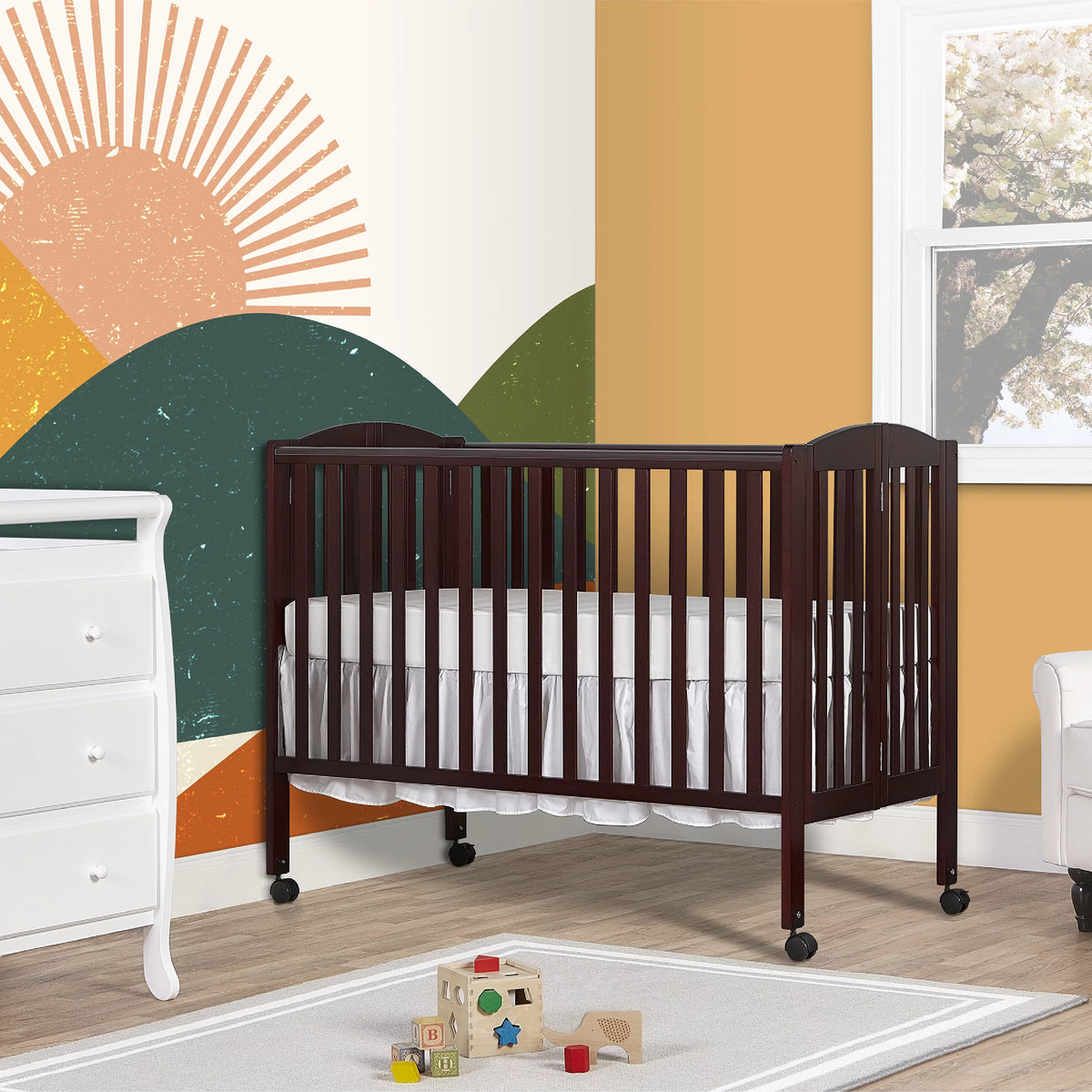 Full Size 2-in-1 Folding Stationary Side Crib with Locking Wheels, Espresso G86847