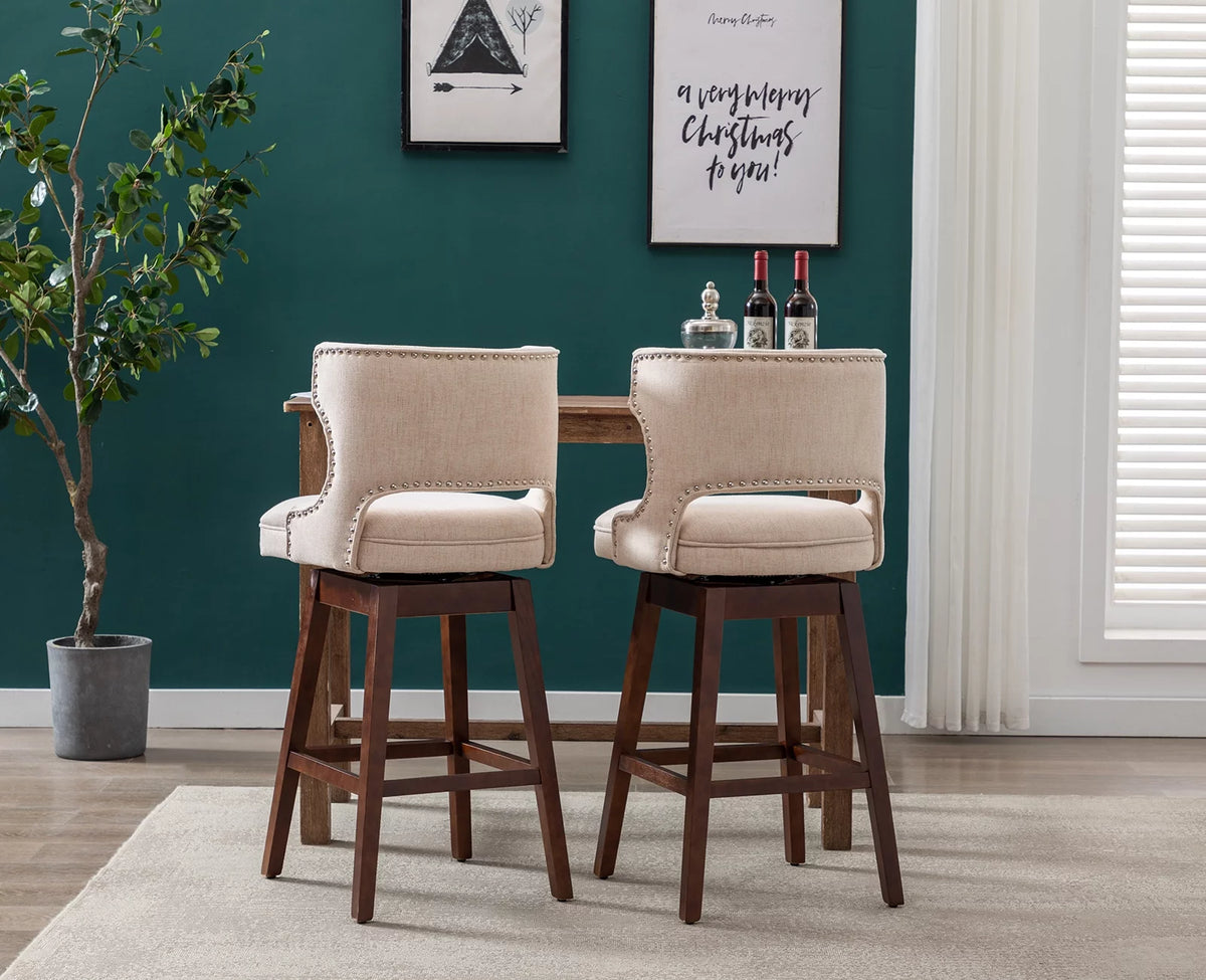 30" Beige Linen Upholstered Swivel Bar Stool Set of 2 with Wooden Legs R5495
