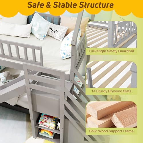White Wood Twin Over Twin Bunk Bed with Slide and Staircase F80436