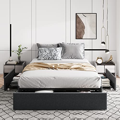 Queen Size Fabric Upholstered Platform Bed Frame with 3 Storage Drawers Y387