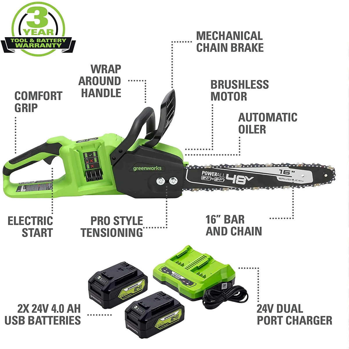 48V 16-inch Brushless Chainsaw with 4Ah Batteries and Dual Port Charger A303