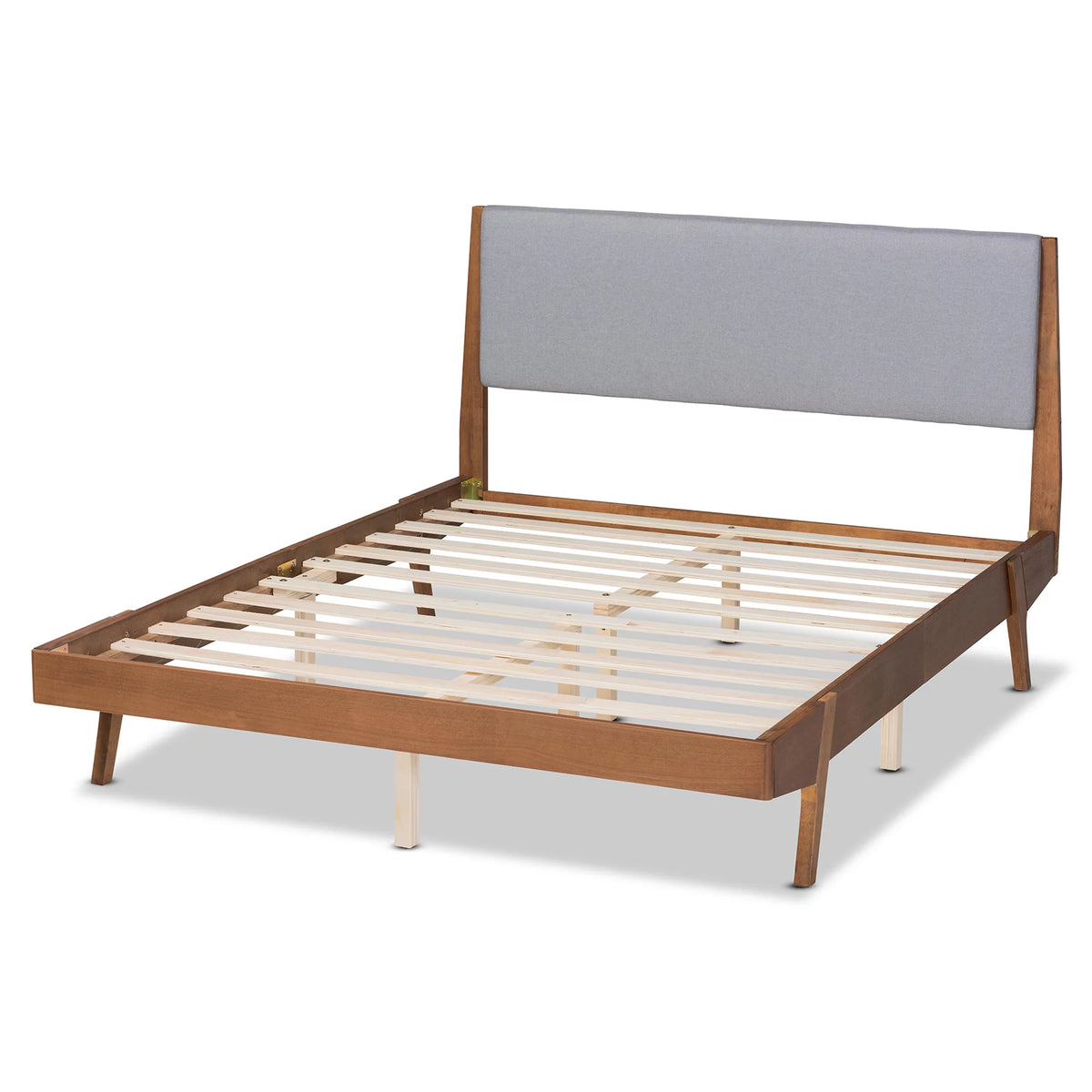 Grey Fabric Upholstered Walnut Brown Wood Full Size Platform Bed O62532