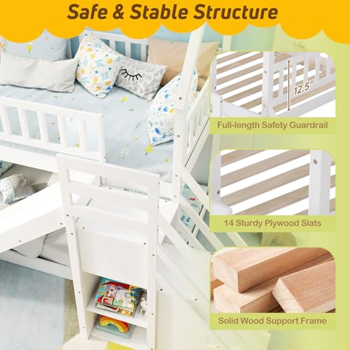 White Wood Twin Over Twin Bunk Bed with Slide and Staircase F80436