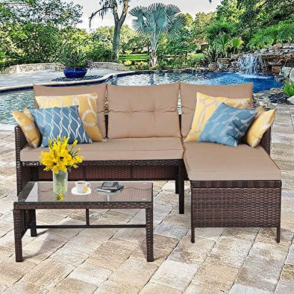 3 Piece Outdoor Rattan Corner Sofa Set with Coffee Table Q79154