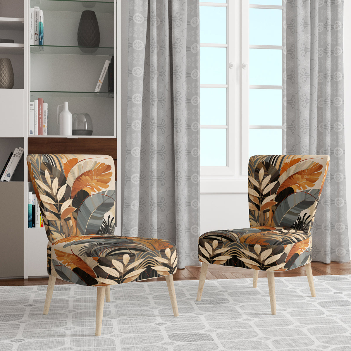Brown Leaves Floral Pattern Upholstered Accent Chair Z9360