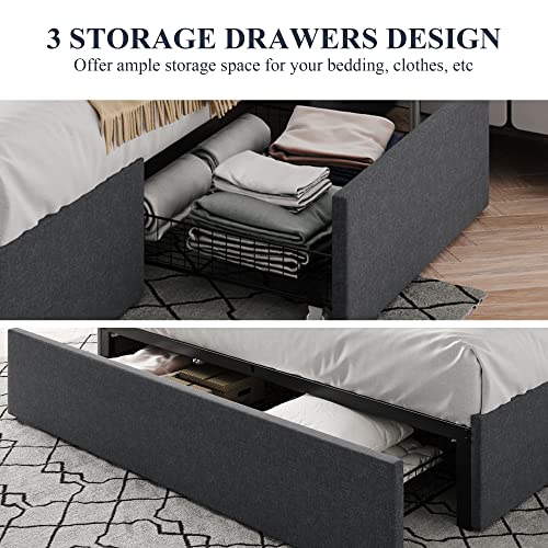 Queen Size Fabric Upholstered Platform Bed Frame with 3 Storage Drawers Y387