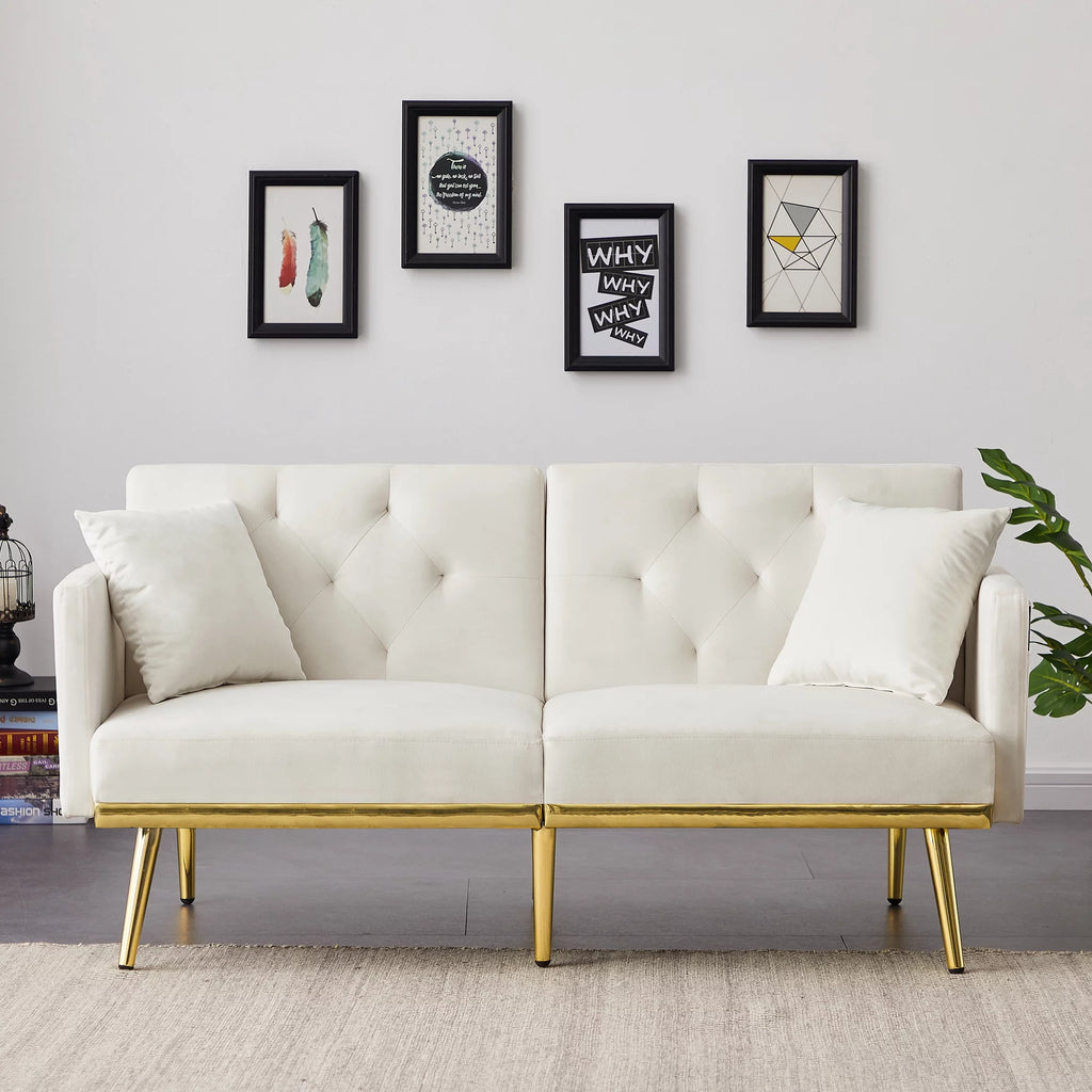 White Velvet Futon Sofa Bed with Gold Metal Legs M242