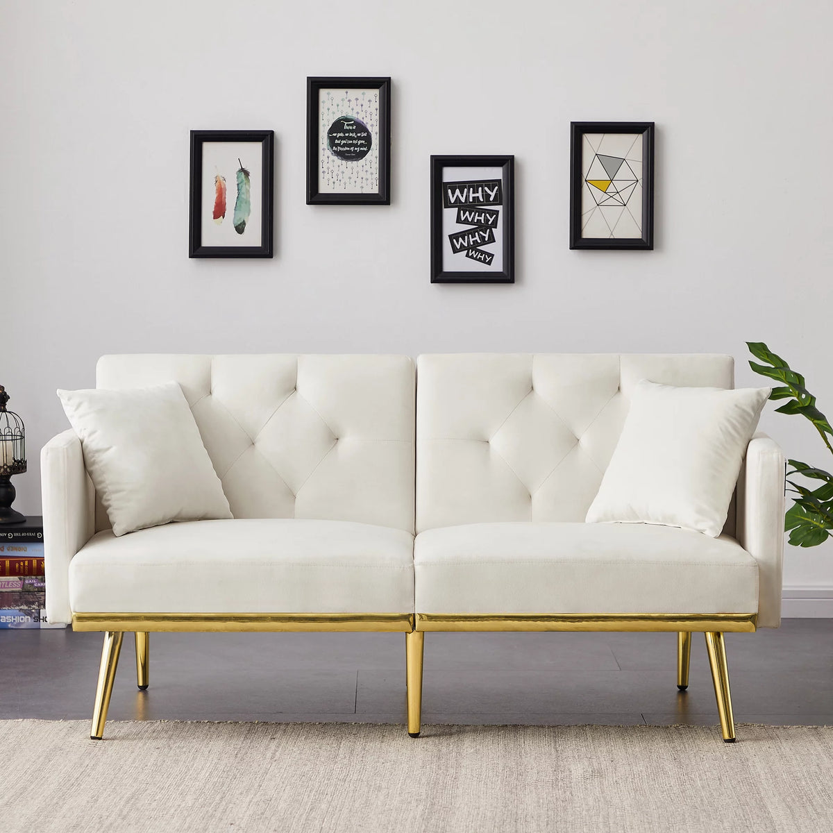 White Velvet Futon Sofa Bed with Gold Metal Legs M242
