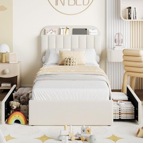 Beige Boucle Upholstered Twin Platform Bed with 2 Drawers V603