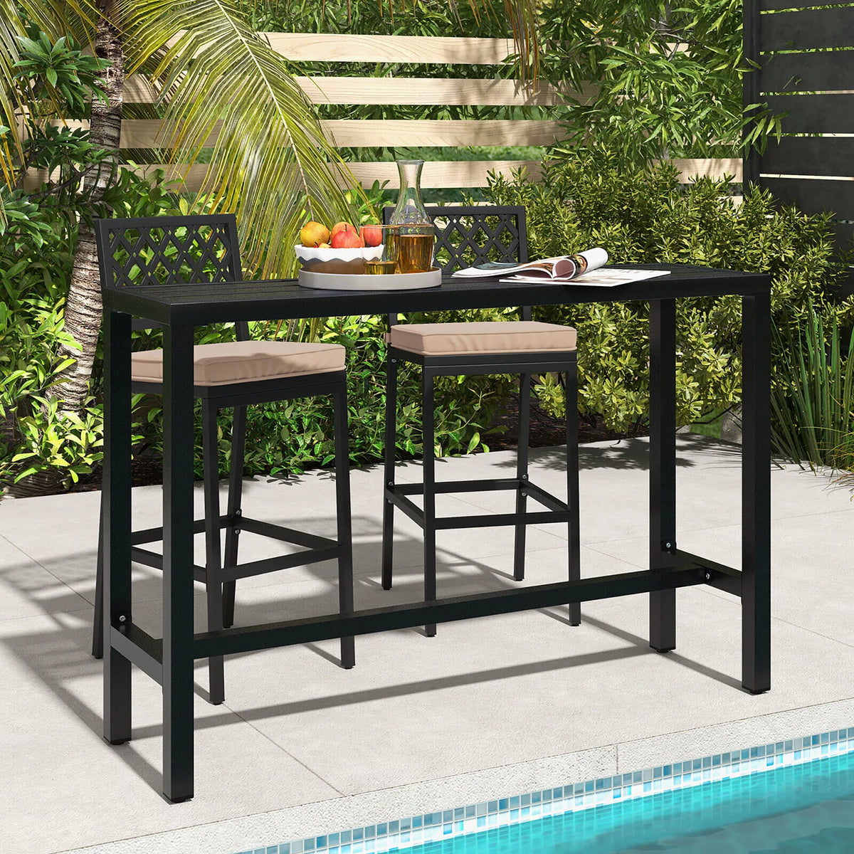 3PCS Outdoor Metal Bar Table & Chairs Set with Cushion X7226