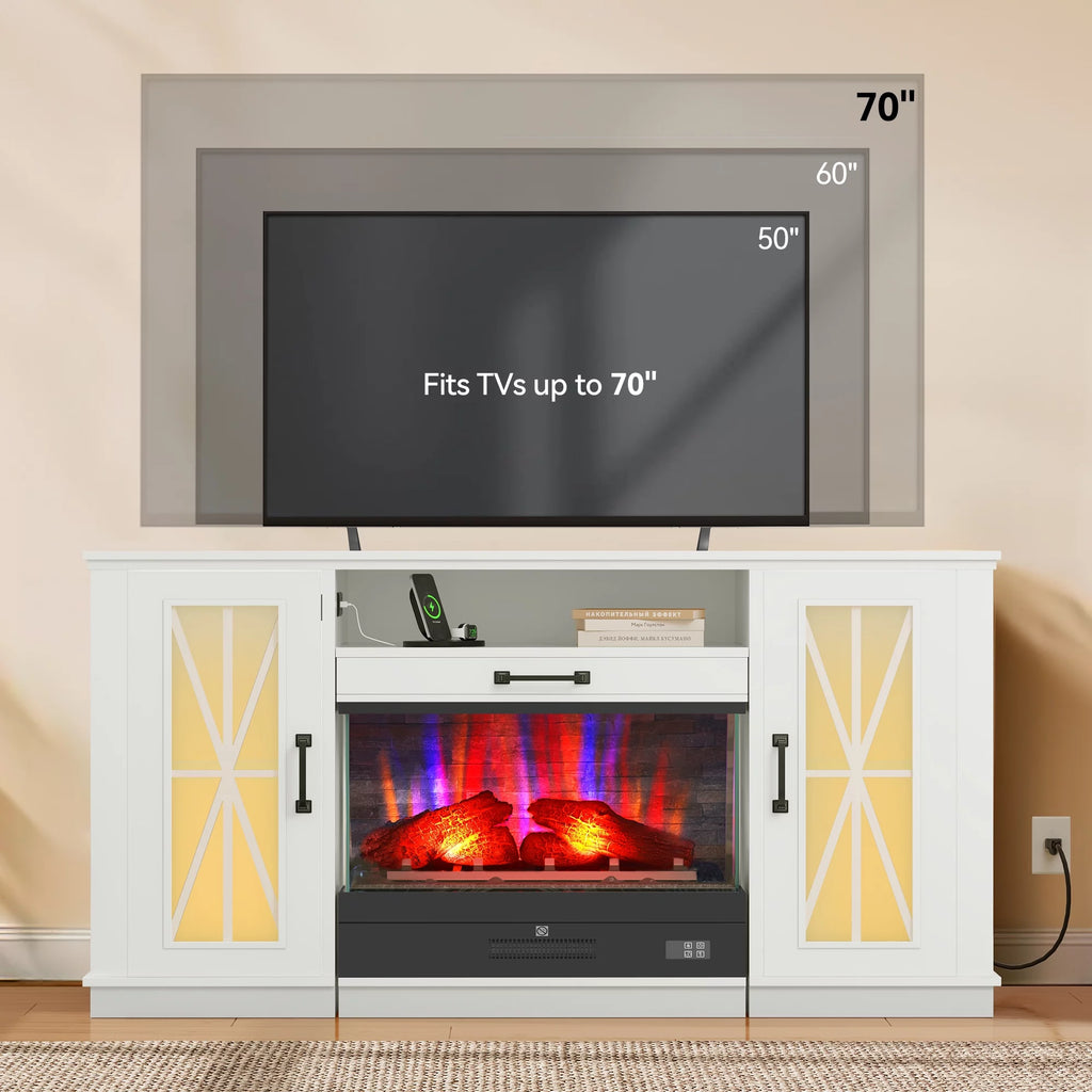 60 Inch White Entertainment Console with Slidable Fireplace and Storage Compartments N161512