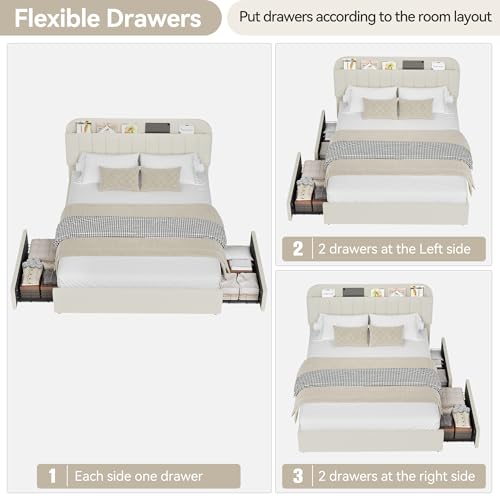 Beige Boucle Upholstered Twin Platform Bed with 2 Drawers V603
