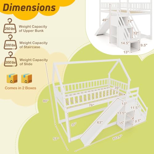 White Wood Twin Over Twin Bunk Bed with Slide and Staircase F80436