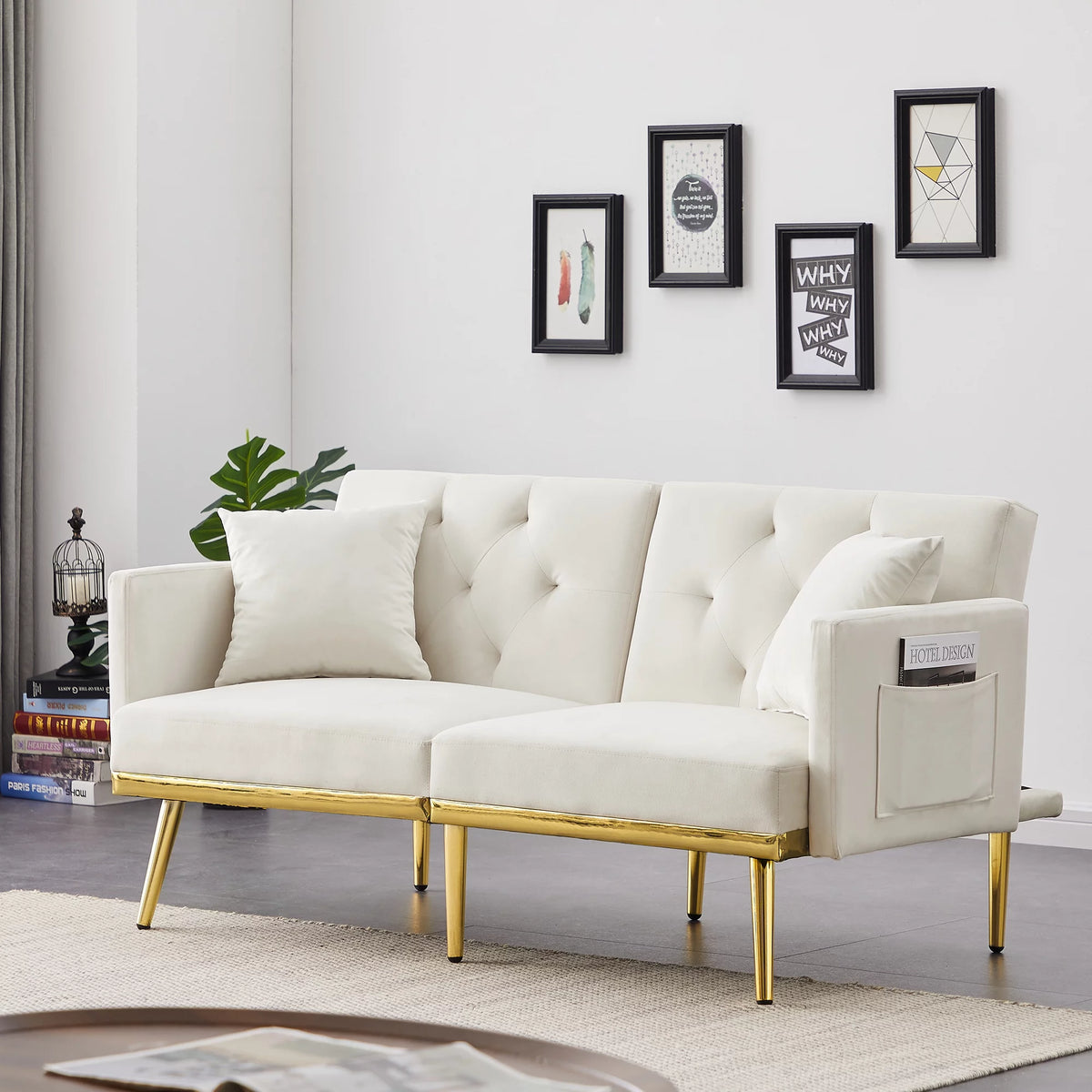 White Velvet Futon Sofa Bed with Gold Metal Legs M242