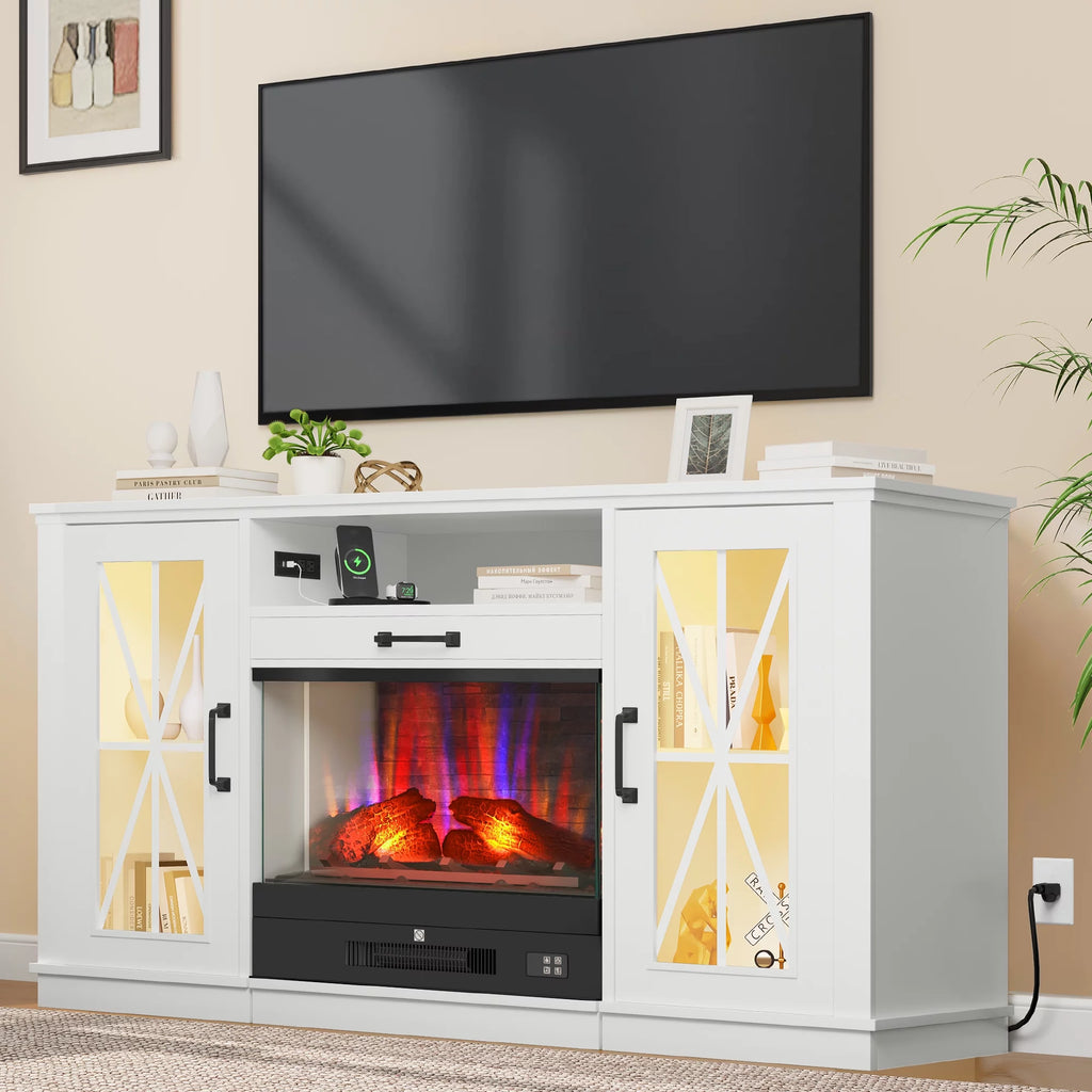 60 Inch White Entertainment Console with Slidable Fireplace and Storage Compartments N161512