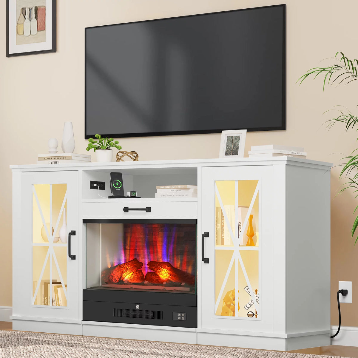 60 Inch White Entertainment Console with Slidable Fireplace and Storage Compartments N161512