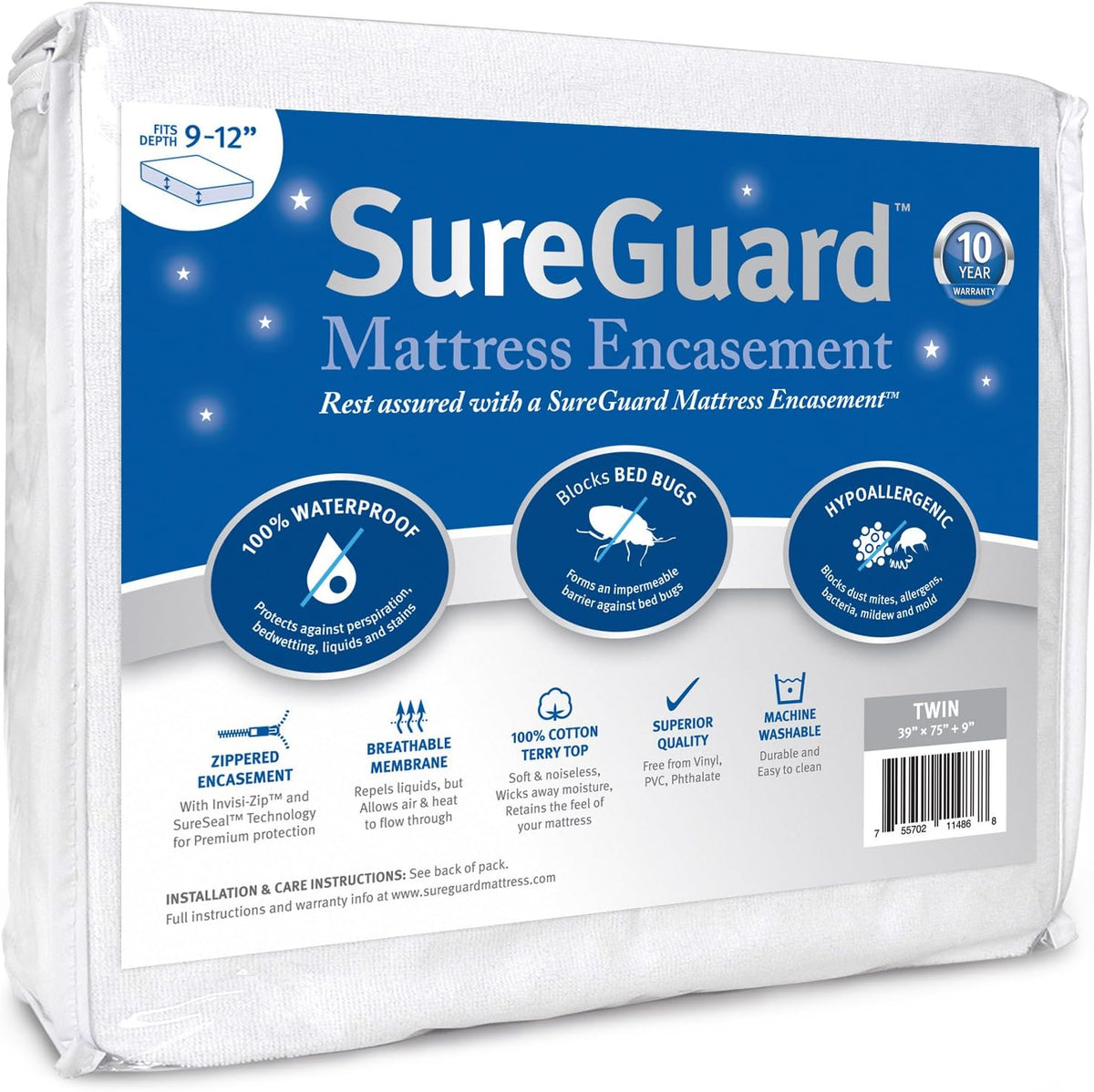 Twin Mattress Encasement, 100% Waterproof, Zippered Six-Sided Cover C78556