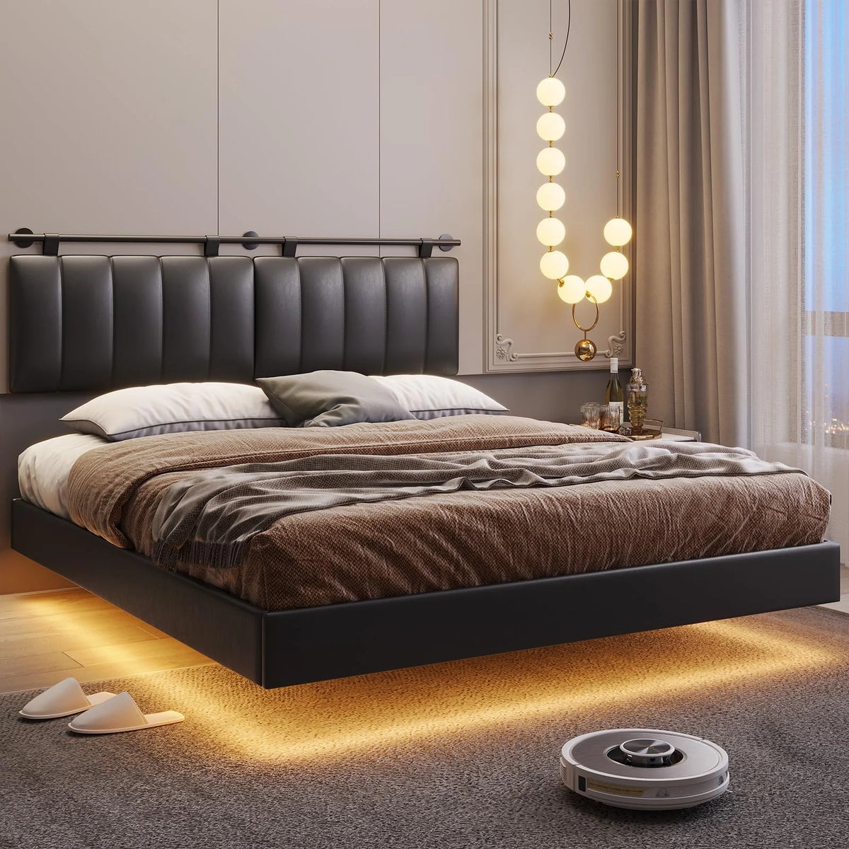 Queen Floating Bed Frame with LED Lights and Wall Mounted Headboard R683
