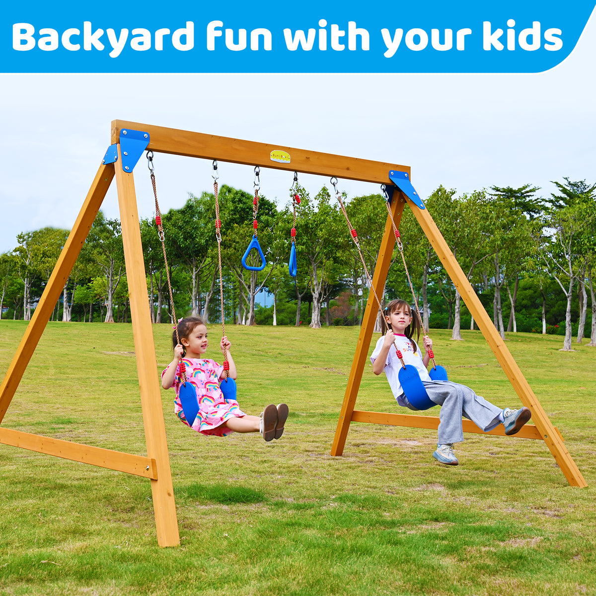 Kids Swing Sets with 2 Swings, Trapeze Swing Rings, Outdoor Playset N24190