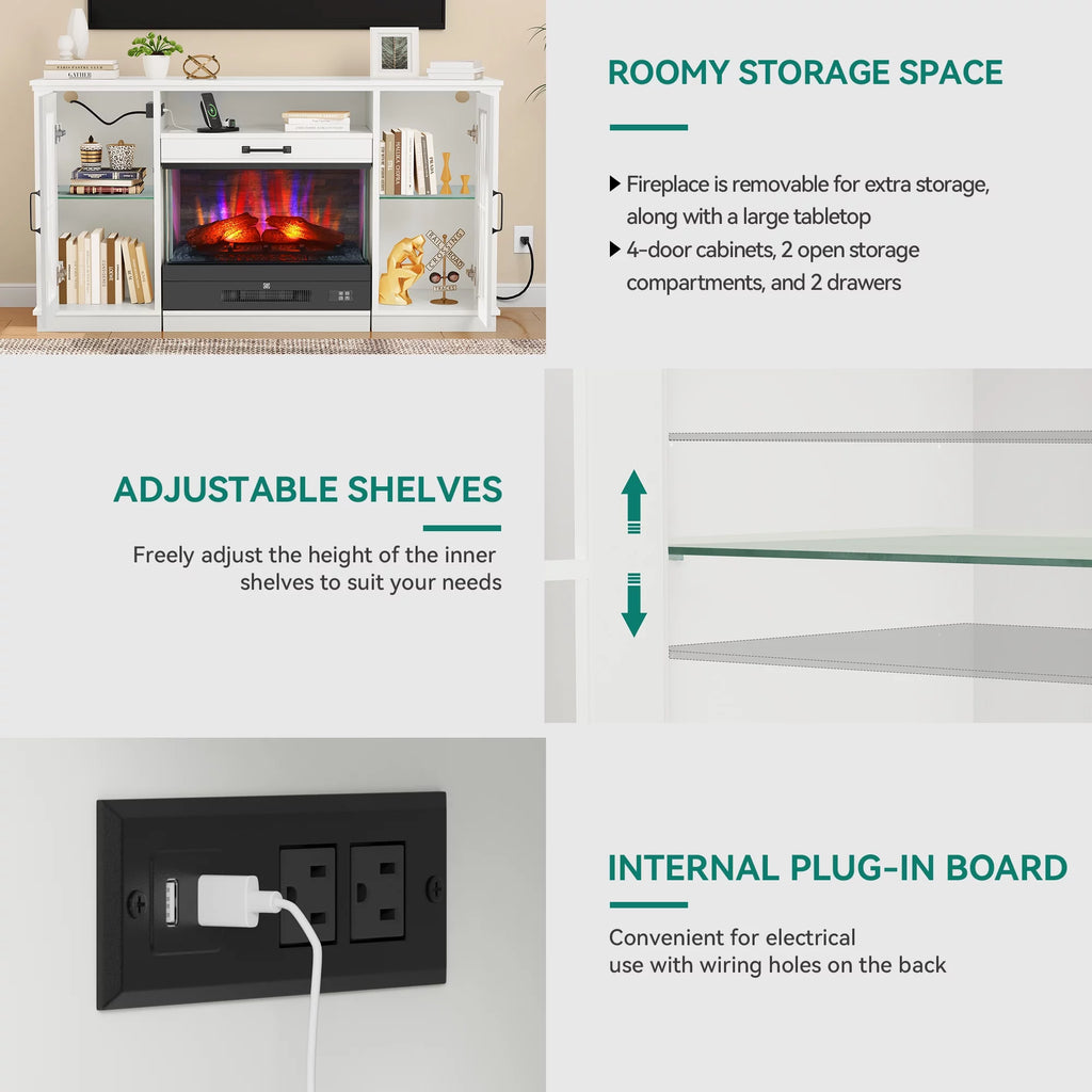 60 Inch White Entertainment Console with Slidable Fireplace and Storage Compartments N161512