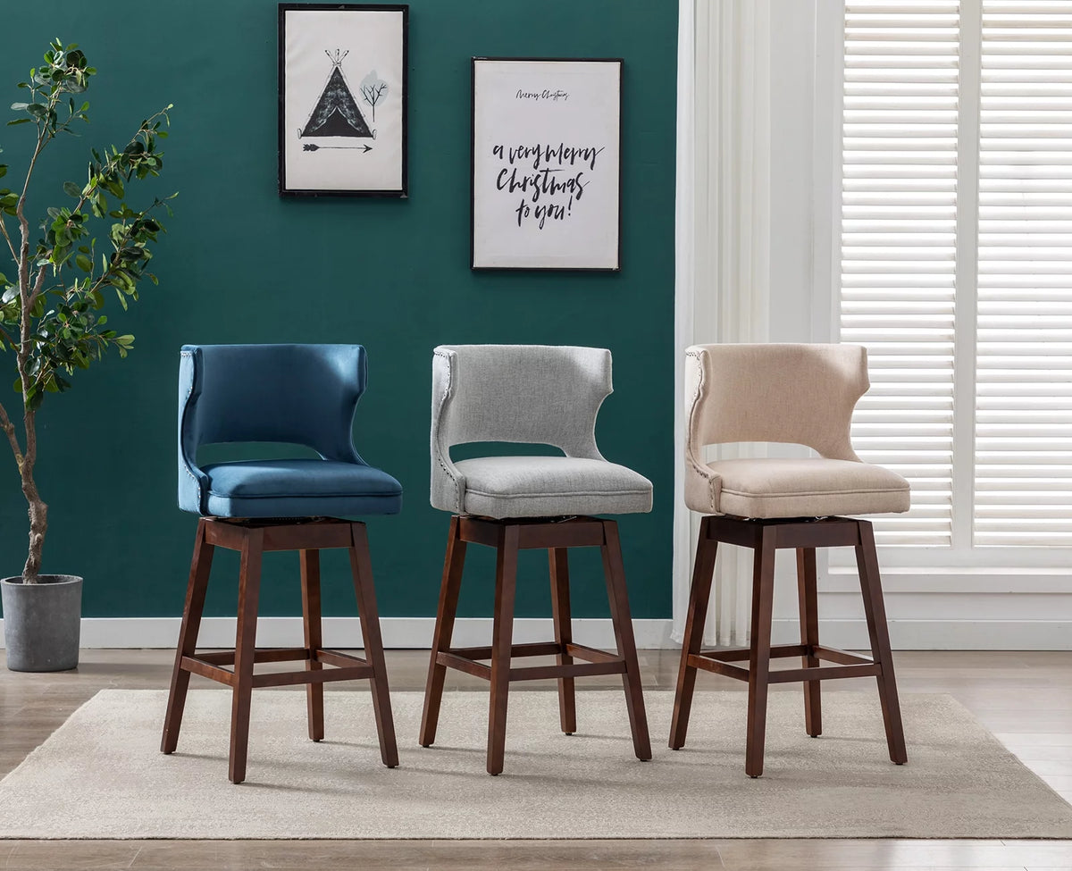 30" Beige Linen Upholstered Swivel Bar Stool Set of 2 with Wooden Legs R5495