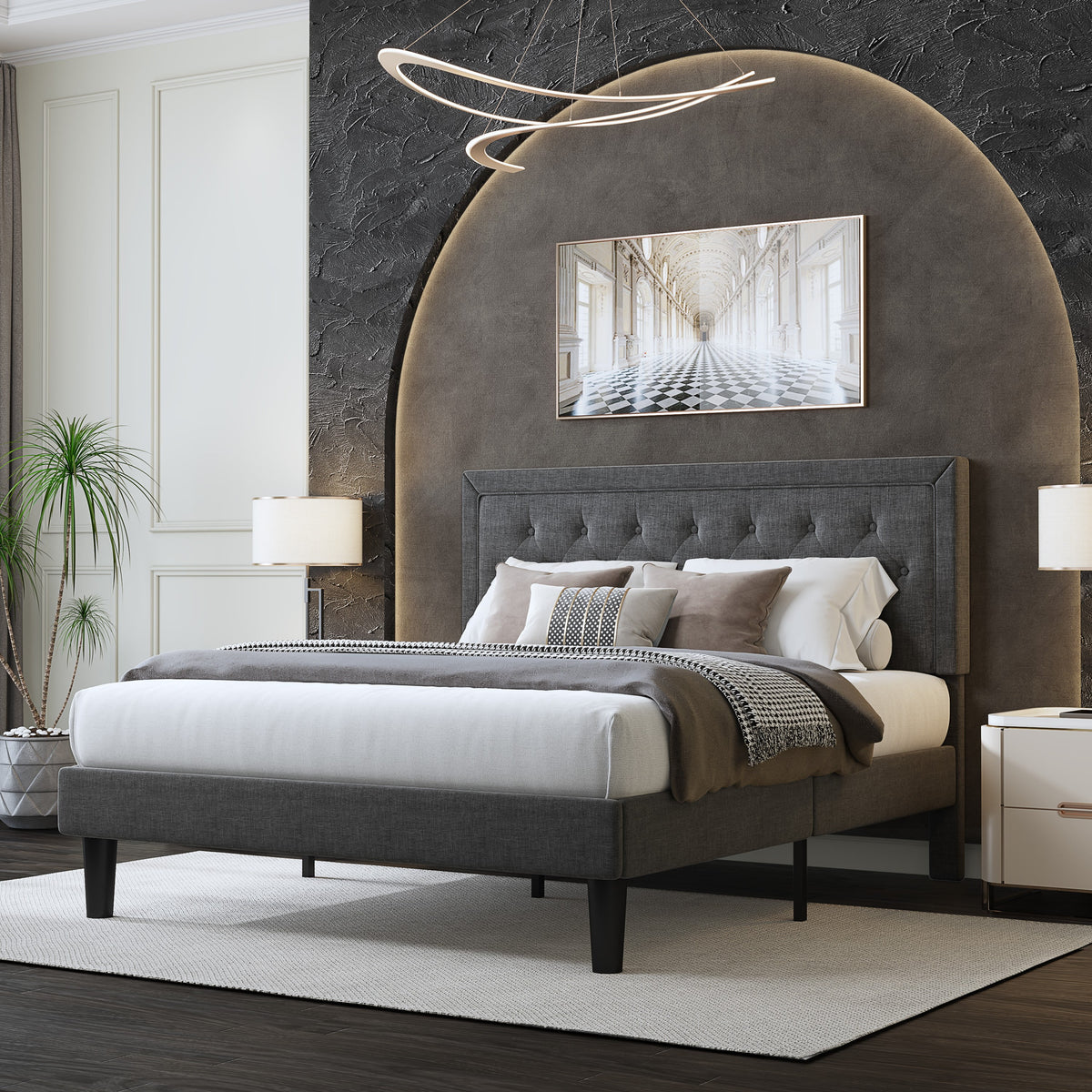 Queen Size Upholstered Platform Bed Frame with Adjustable Headboard I359