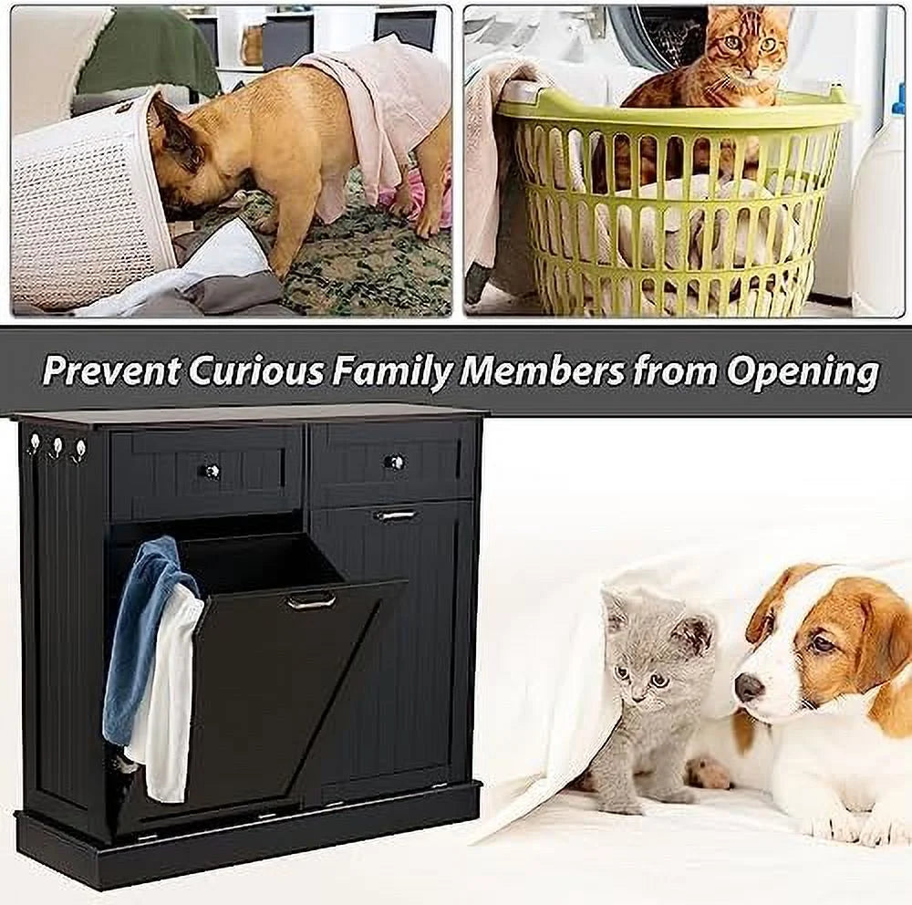 Double Tilt Out Trash Cabinet Laundry Hamper 20 Gallon Black B862711