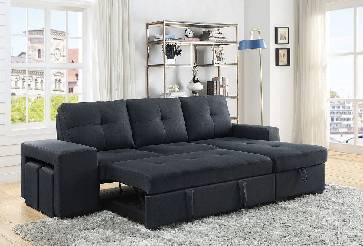 Linen Sleeper Sectional Sofa with Reversible Storage Chaise W51899