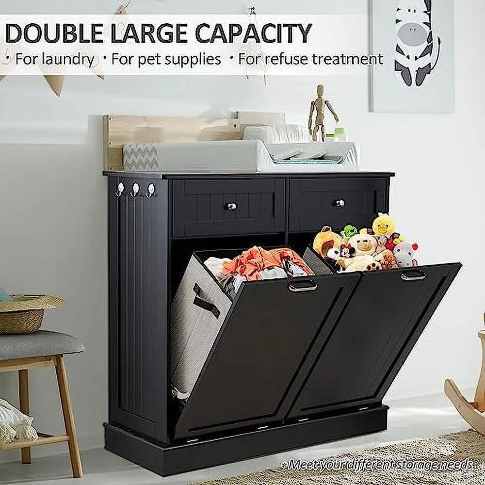 Double Tilt Out Trash Cabinet Laundry Hamper 20 Gallon Black B862711