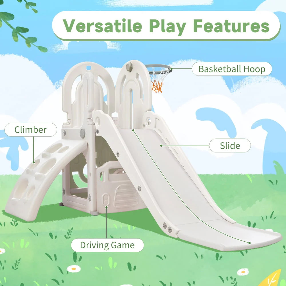 Kids Toddler Climbing and Slide Set 4 in 1, Freestanding Slide Playset with Basketball Hoop and Driving Game Space, Pink P424