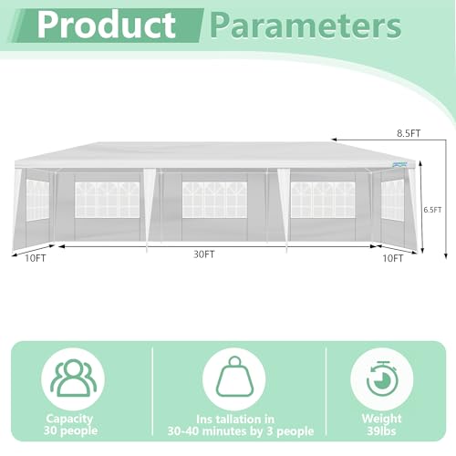 10X30FT White Canopy Tent with 5 Removable Sidewalls R899