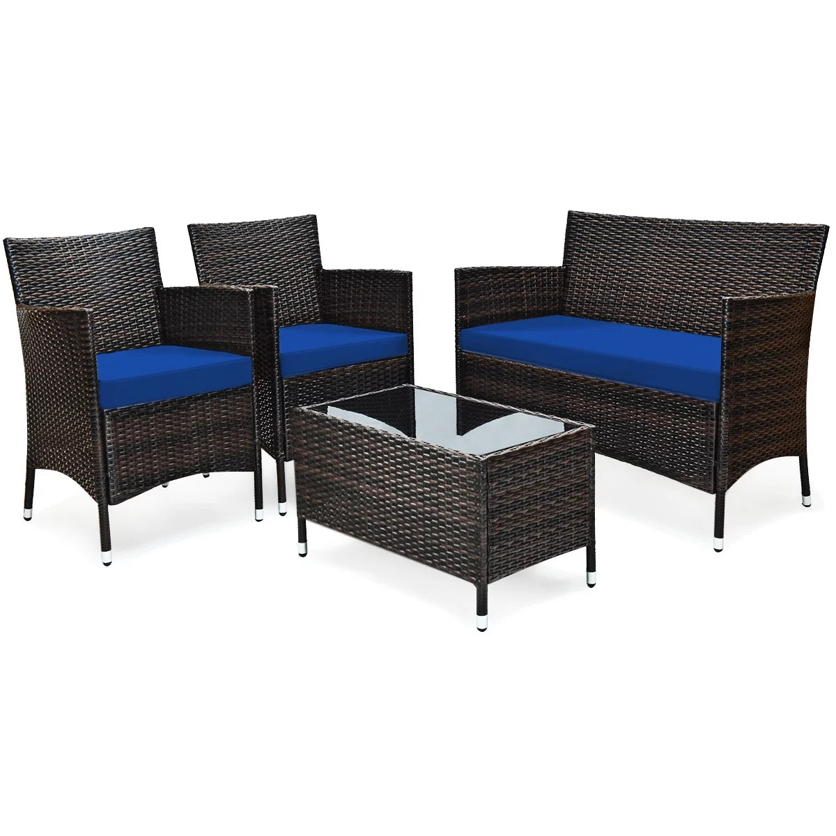 4-Piece Patio Rattan Wicker Furniture Set with Red Cushions I959