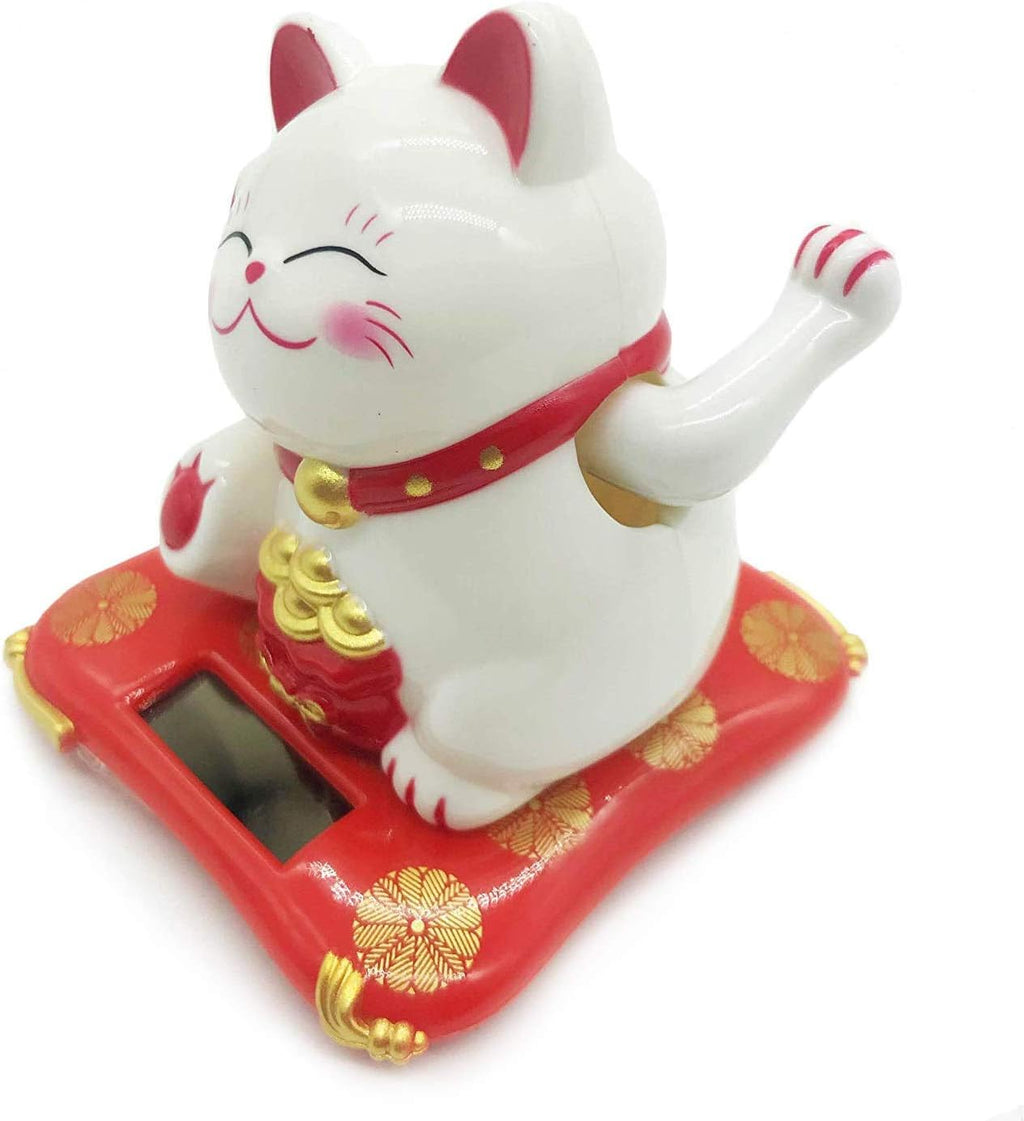 White Mini Solar Powered Cat with Waving Arm Pack of 2 G1618