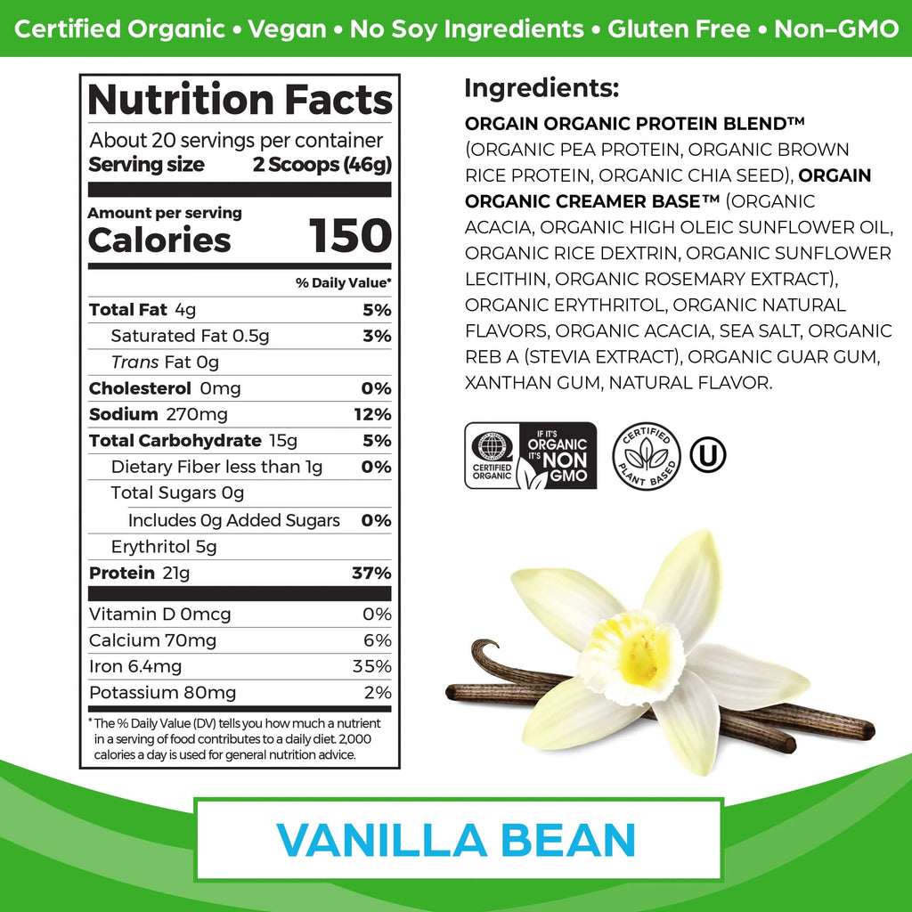 Organic Vegan 21g Protein Powder Vanilla Bean 2.03lb X619