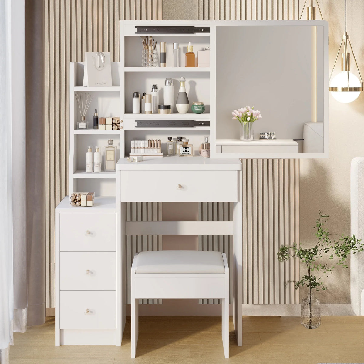White Vanity Set with Sliding Mirror, Drawers & Stool L33829