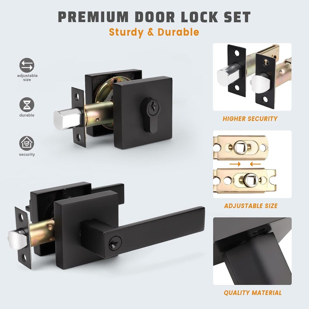 3 Pack Keyed Alike Heavy Duty Entrance Lever Door Handle with Single Keyed Square Deadbolt Set T6537