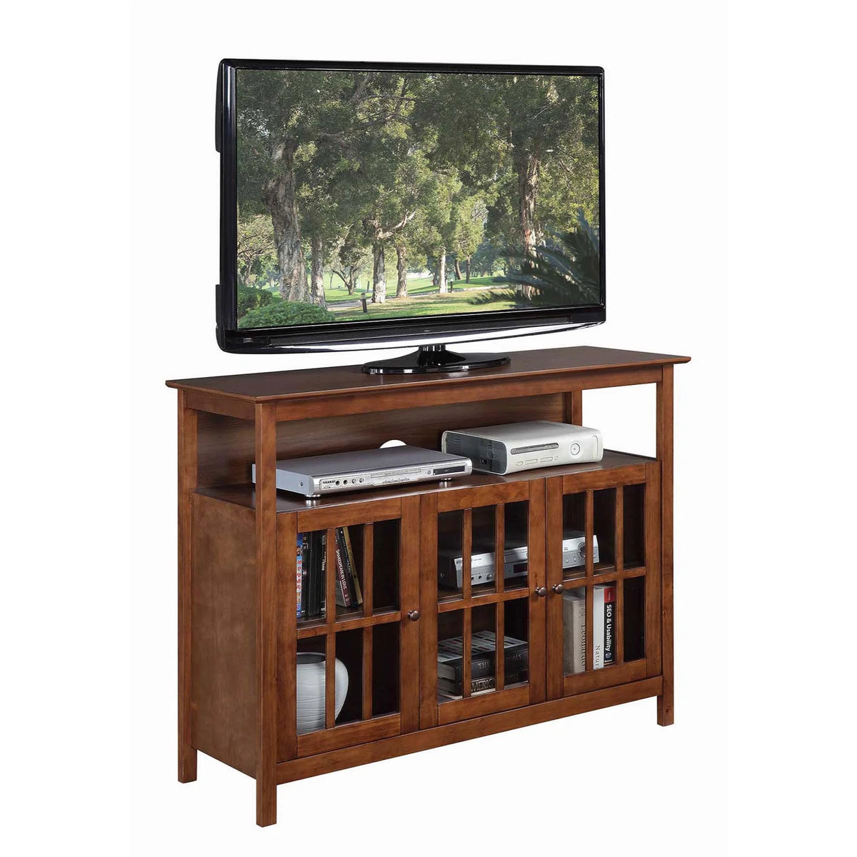 Dark Walnut TV Stand with Storage Cabinets and Shelf H92030