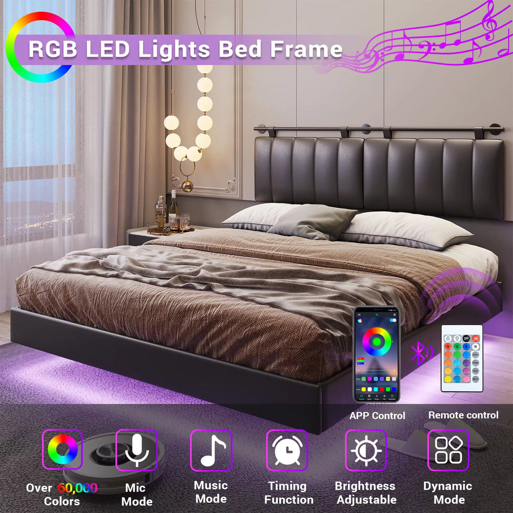 Queen Floating Bed Frame with LED Lights and Wall Mounted Headboard R683