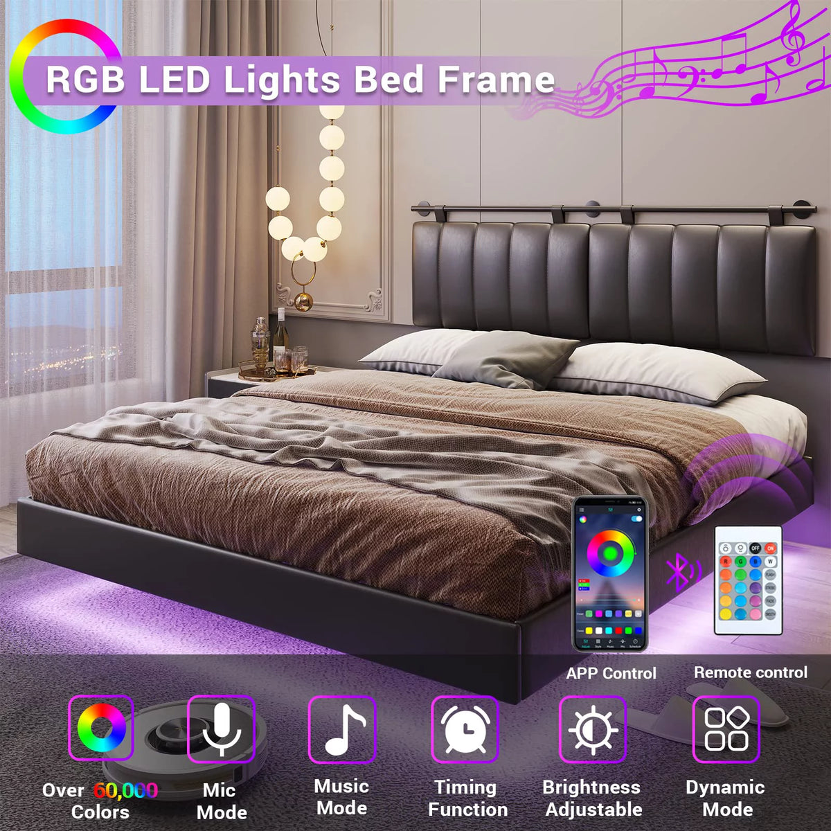 Queen Floating Bed Frame with LED Lights and Wall Mounted Headboard R683