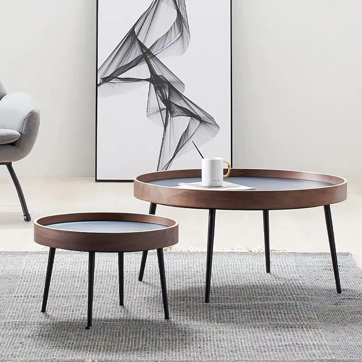 Round Wooden Nesting Coffee Table Set with Metal Frame J60991