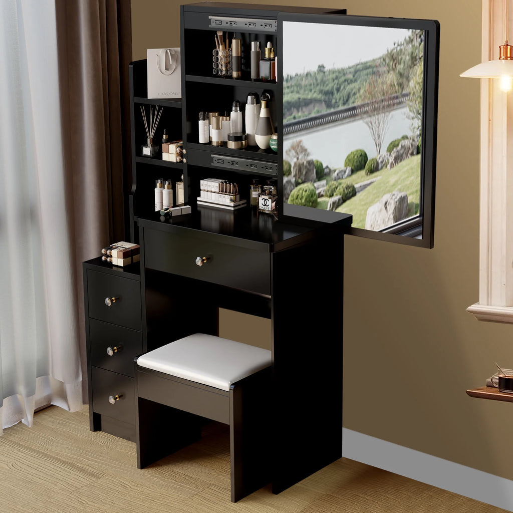 White Vanity Set with Sliding Mirror, Drawers & Stool L33829