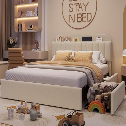 Beige Boucle Upholstered Twin Platform Bed with 2 Drawers V603