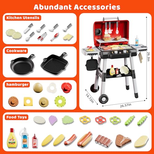 Kids BBQ Grill Playset with Wheels, Smoke Sound Light A47986