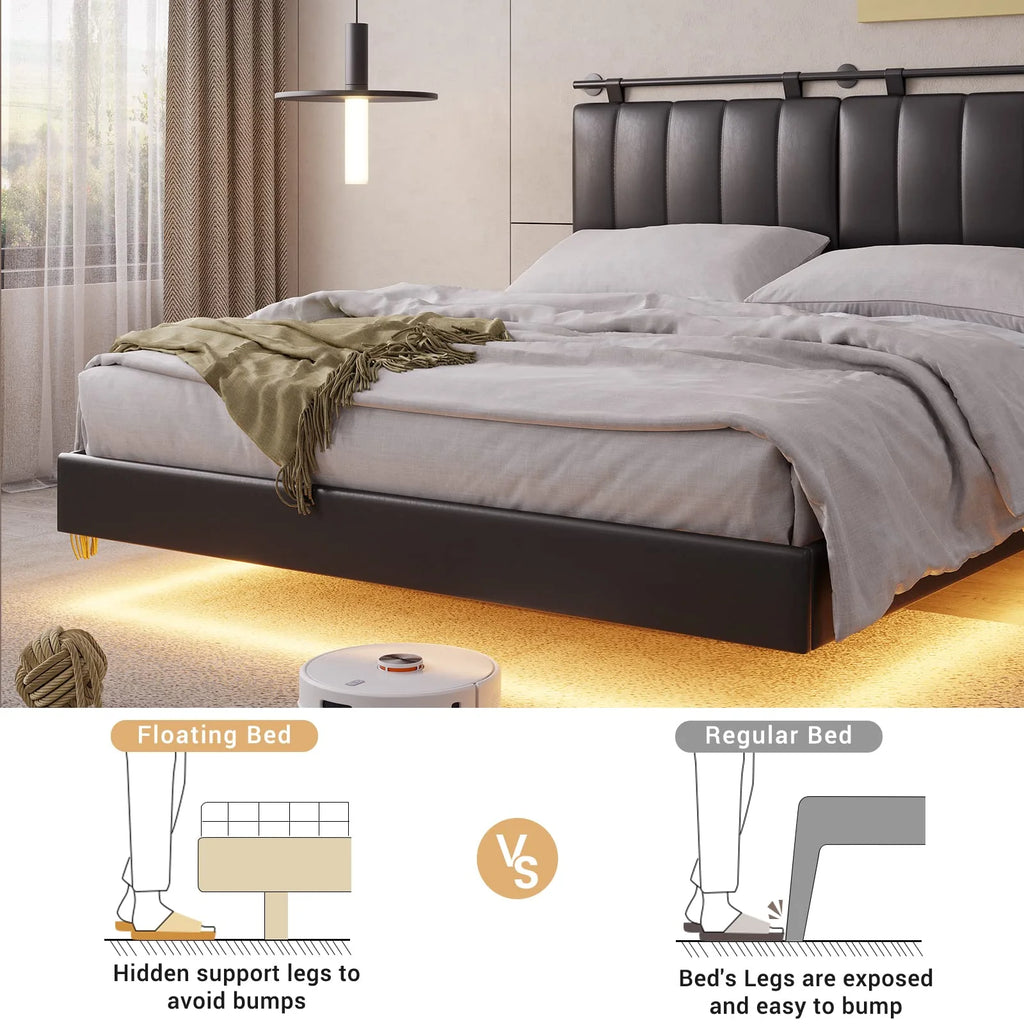 Queen Floating Bed Frame with LED Lights and Wall Mounted Headboard R683