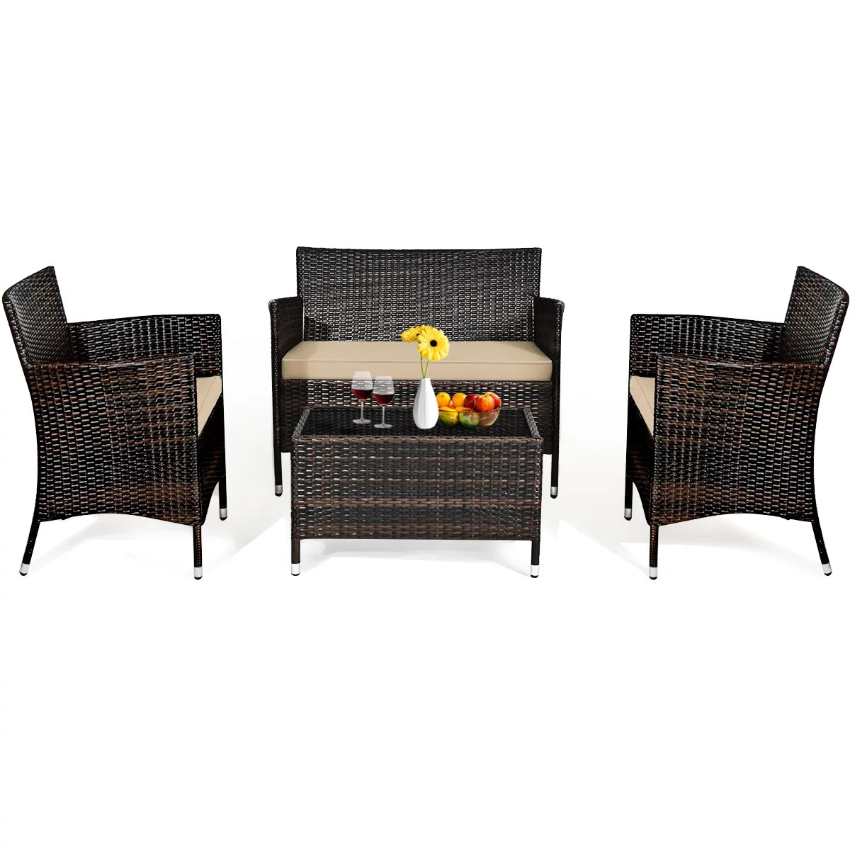 4-Piece Patio Rattan Wicker Furniture Set with Red Cushions I959