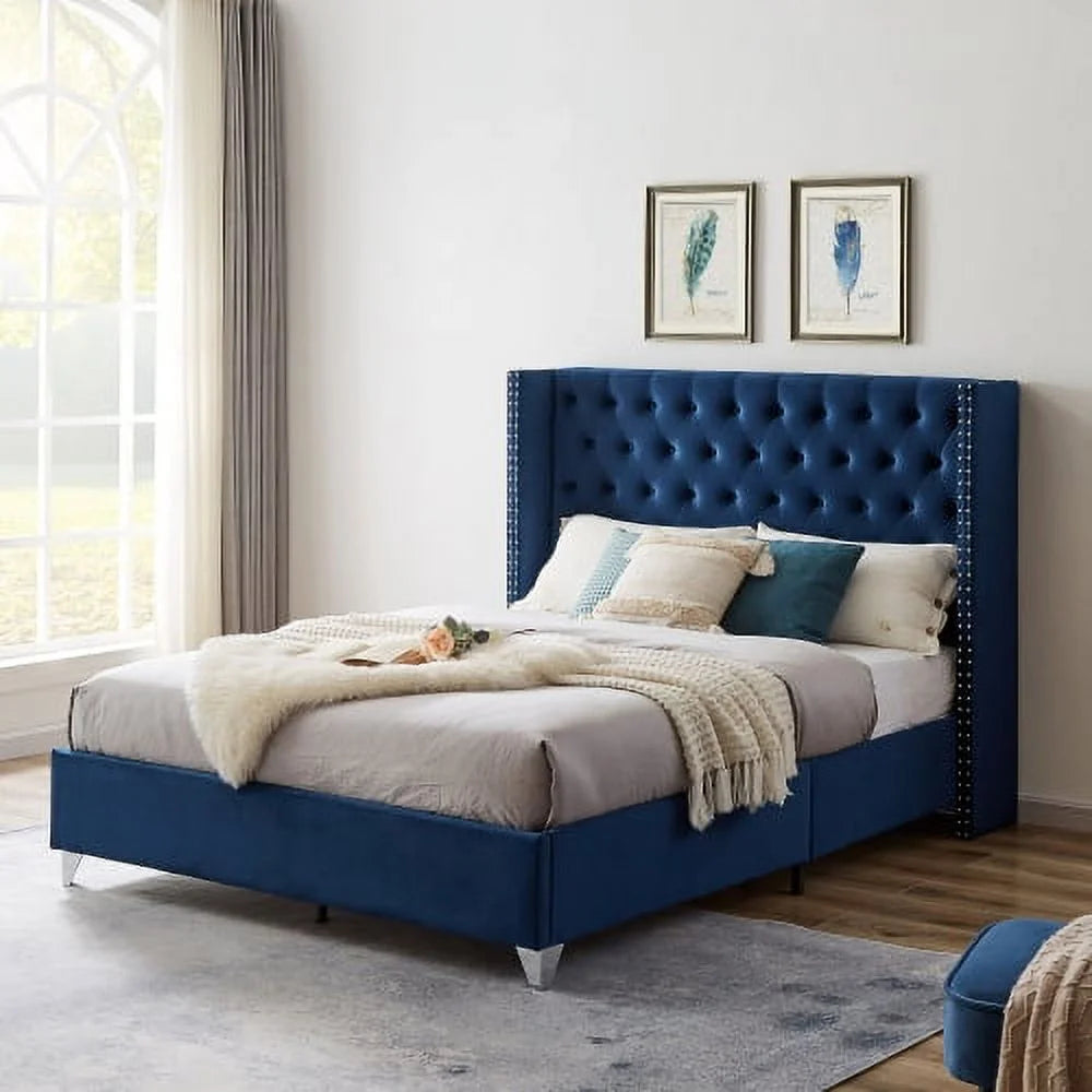 Queen Bed with Button Headboard, Wooden Slats and Metal Legs S38876